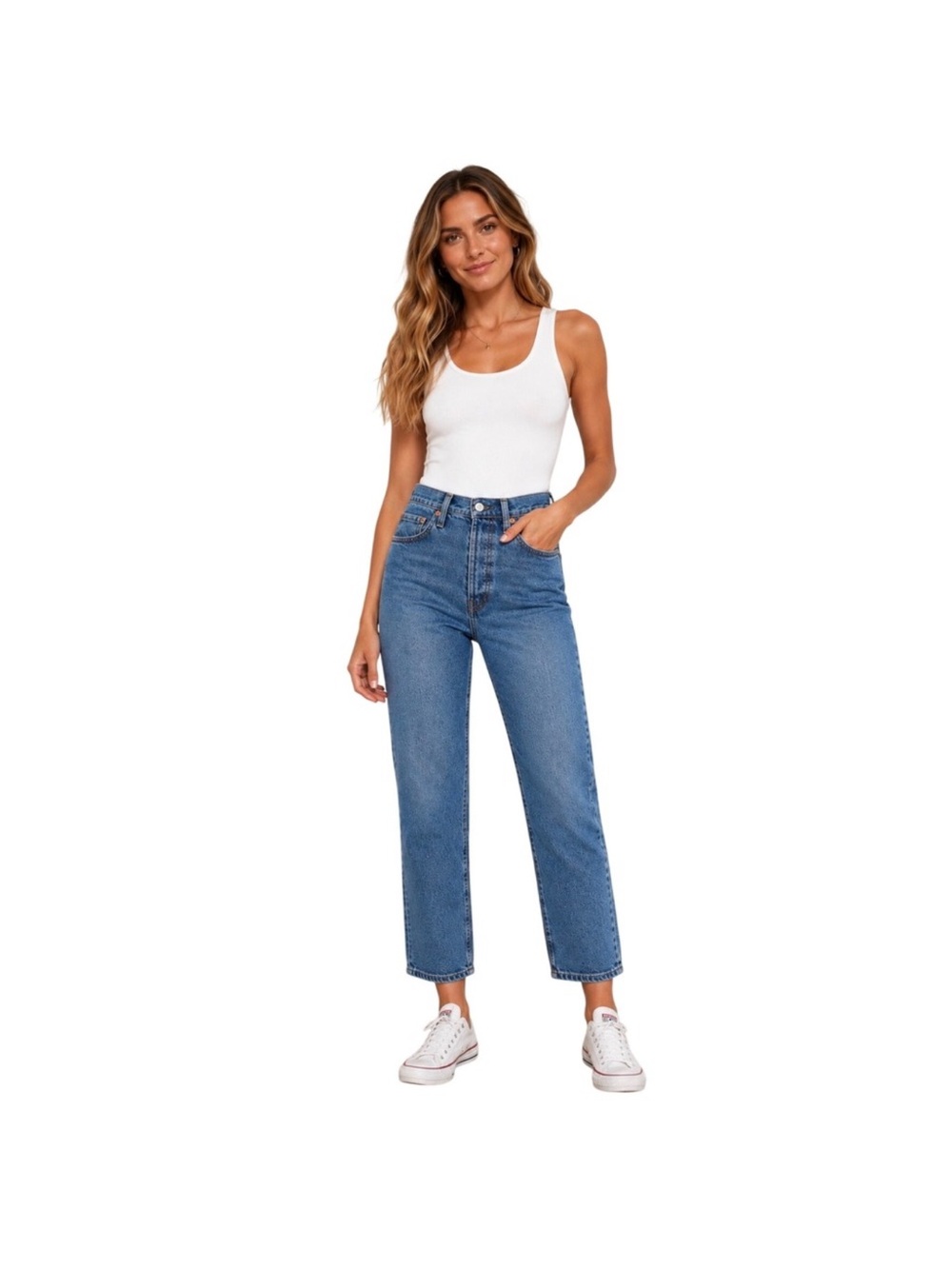 Levis Ribcage Straight Ankle Jeans Medium Wash Blue Denim W27 L29 High Rise